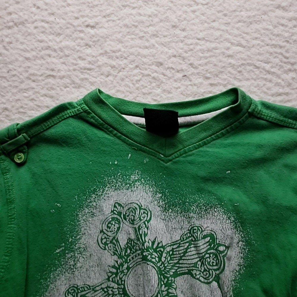 Panic Shirt Boys 10/12 Green Cross Religious Graphic V Neck Short Sleeve Tee Top
